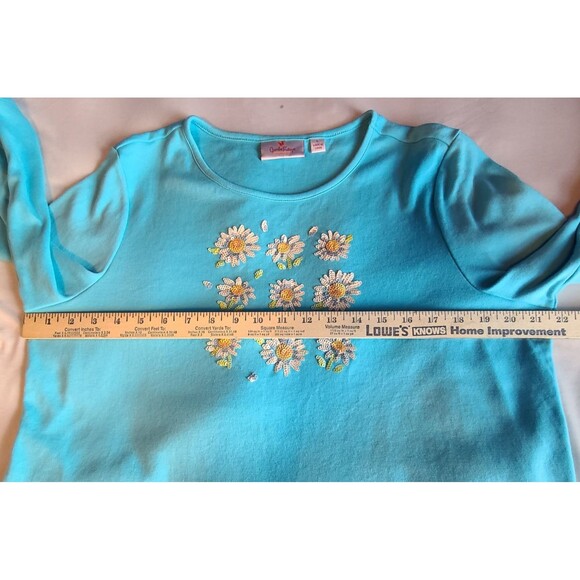 Quacker Factory Size L Blue Tic Tac Toe Sequin Daisy Embellished 3/4 Sleeve Top - Picture 9 of 12